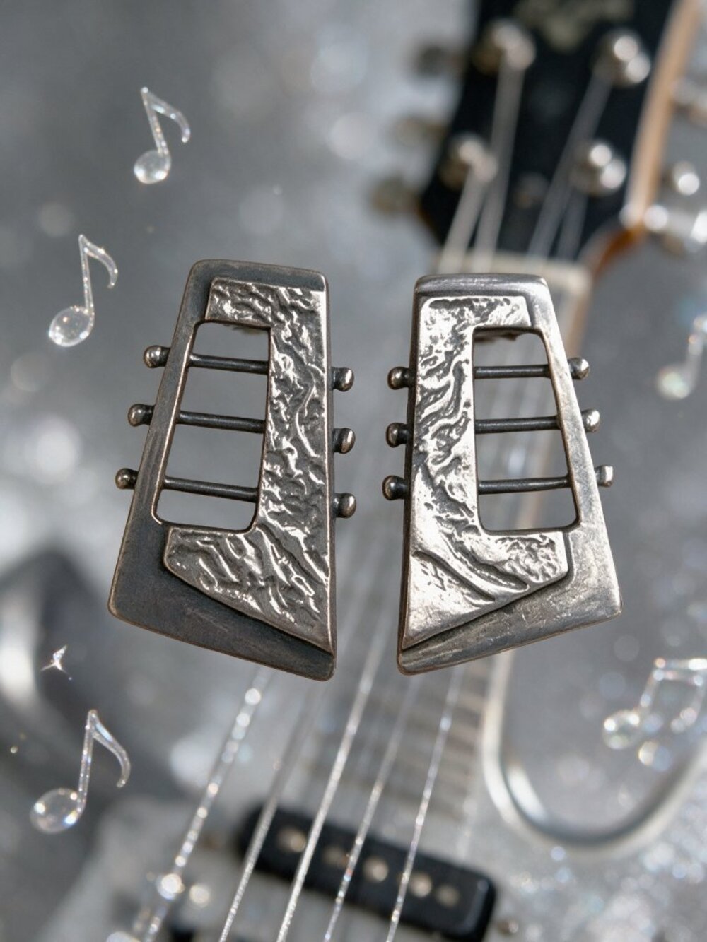 Guitar Headstock Stud Earrings – Artisan Handmade, Sterling Silver